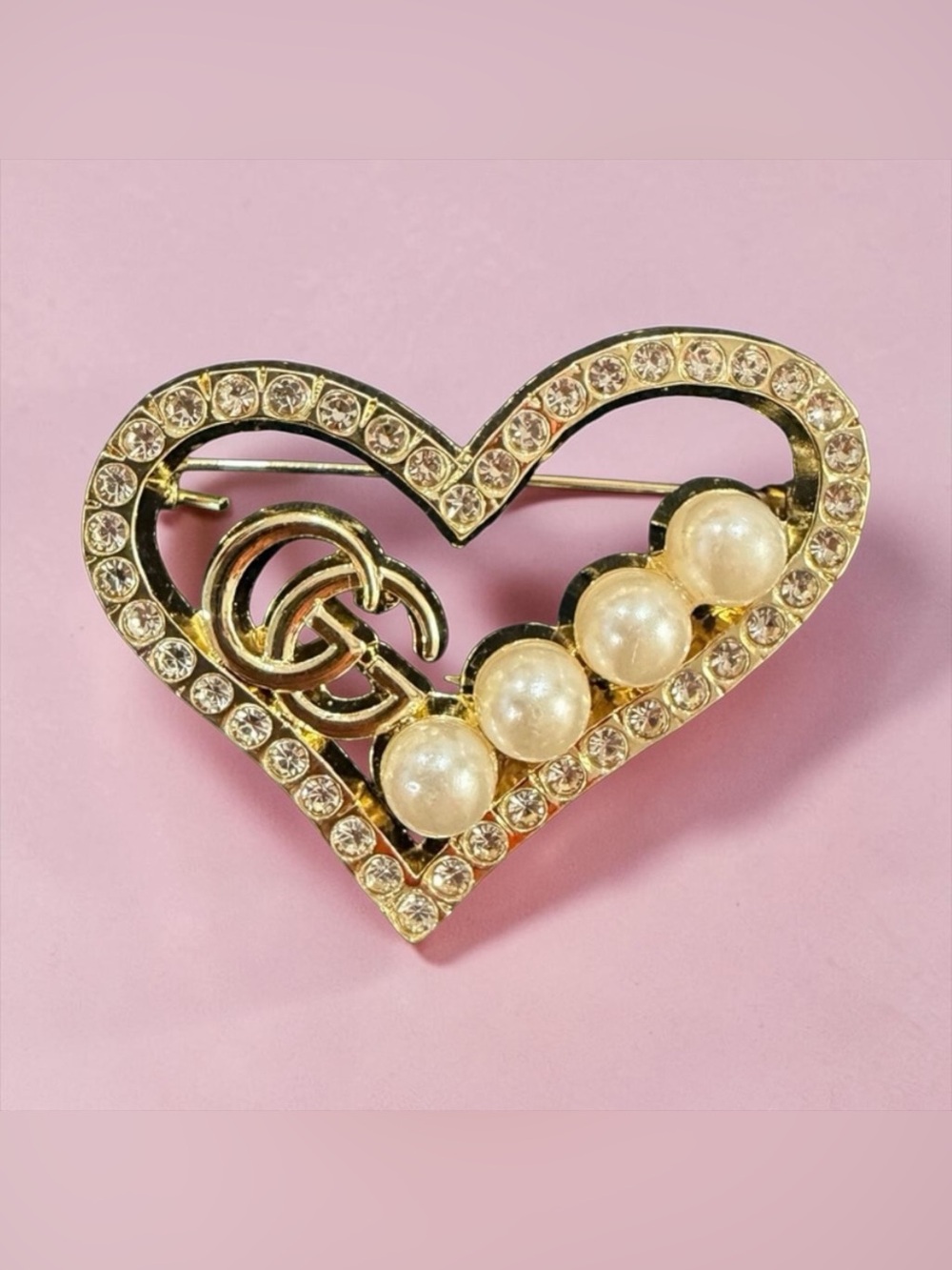 Gold Tone Heart Brooch Pin Rhinestone Faux Pearl Elegant Statement Jewelry
